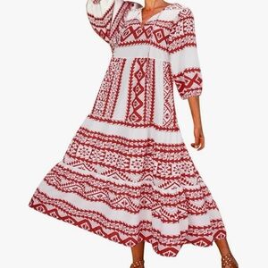 Boho Red and White Geometric Maxi Dress